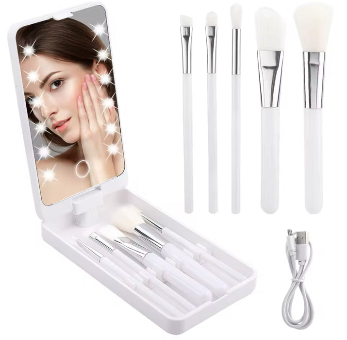 Portable Led Mirror With 5 Makeup Brushes