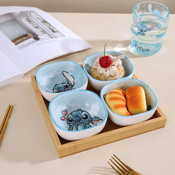 Disney Stitch Square Snack Bowl Set – 4pcs with Wooden Tray