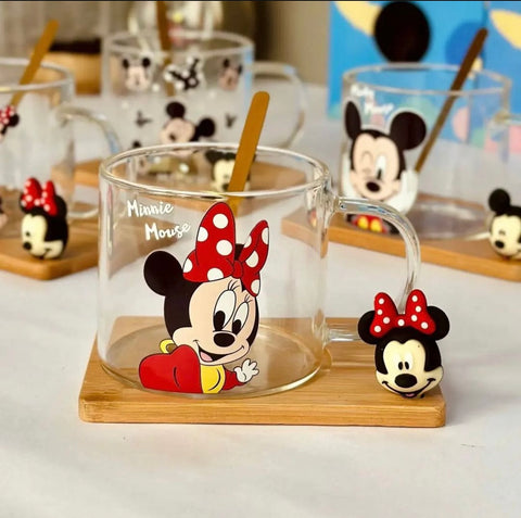 Cartoon Glass Mug with wooden coaster and spoon