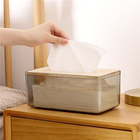 Transparent Plastic Tissue Box with Wooden Cover