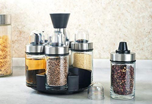 Revolving Spice Rack Organizer, Olive Oil Dispenser and Vinegar Bottle Set of 6 Bottles