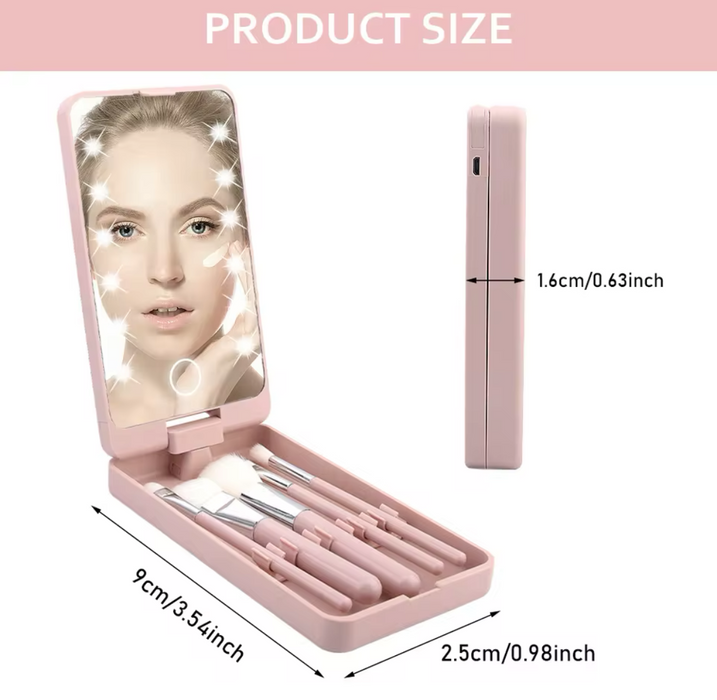 Portable Led Mirror With 5 Makeup Brushes