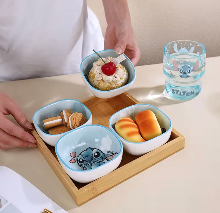 Disney Stitch Square Snack Bowl Set – 4pcs with Wooden Tray